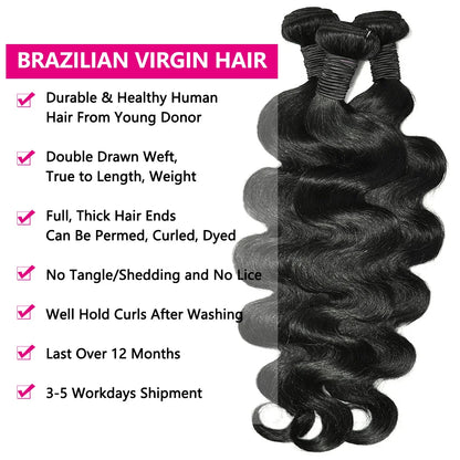 Body Wave Human Hair Bundles with 4x4/5x5 Lace Closure – 100% Raw Human Hair Weave Extensions | 2x6 Middle Part Lace Wig Set