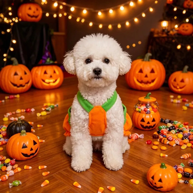 Halloween Pumpkin Pet Dress – Adjustable Washable Overall Costume for Small Dogs & Cats, Funny Scary Trick-or-Treat Outfit for Puppies