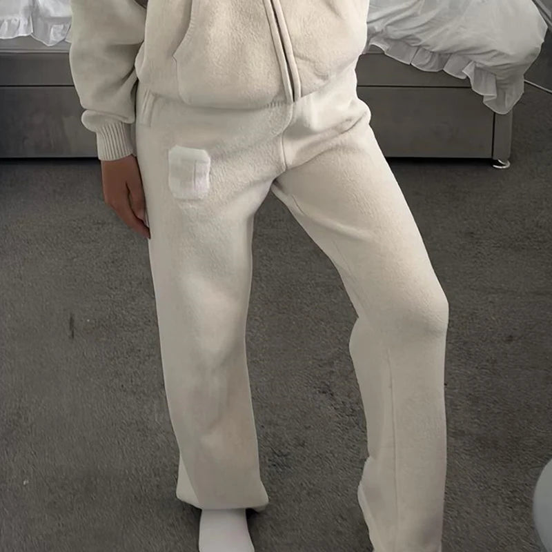 Women’s Hooded Knit Tracksuit 2-Piece Set – Casual Knitted Jacket & Pants Trousers, Cozy Two-Piece Outfit for Everyday Wear