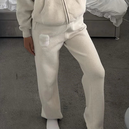 Women’s Hooded Knit Tracksuit 2-Piece Set – Casual Knitted Jacket & Pants Trousers, Cozy Two-Piece Outfit for Everyday Wear