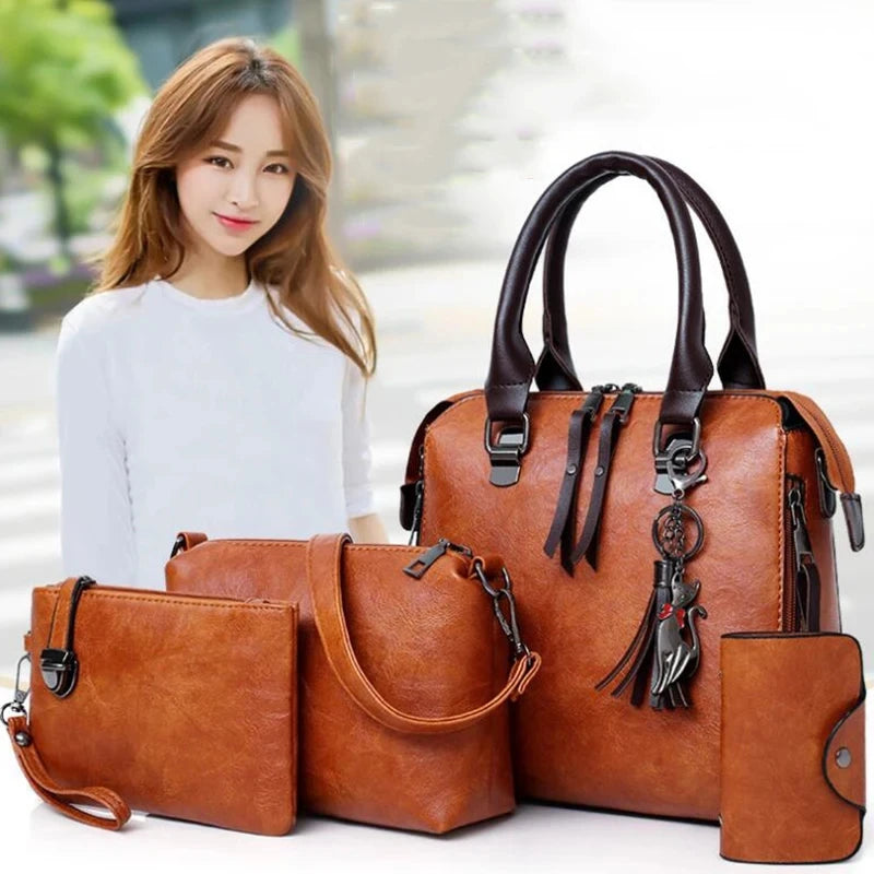 4PCS Women's Tassel Handbag Set – Luxury Leather Top-Handle & Shoulder Purses, Designer-Style Composite Bags for Elegant Everyday Fashion