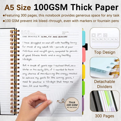 A5 Hardcover Spiral Notebook – 300 Pages 5-Subject Journal with Dividers & Tabs, 6.2×8.2" Notebook for Work & Study