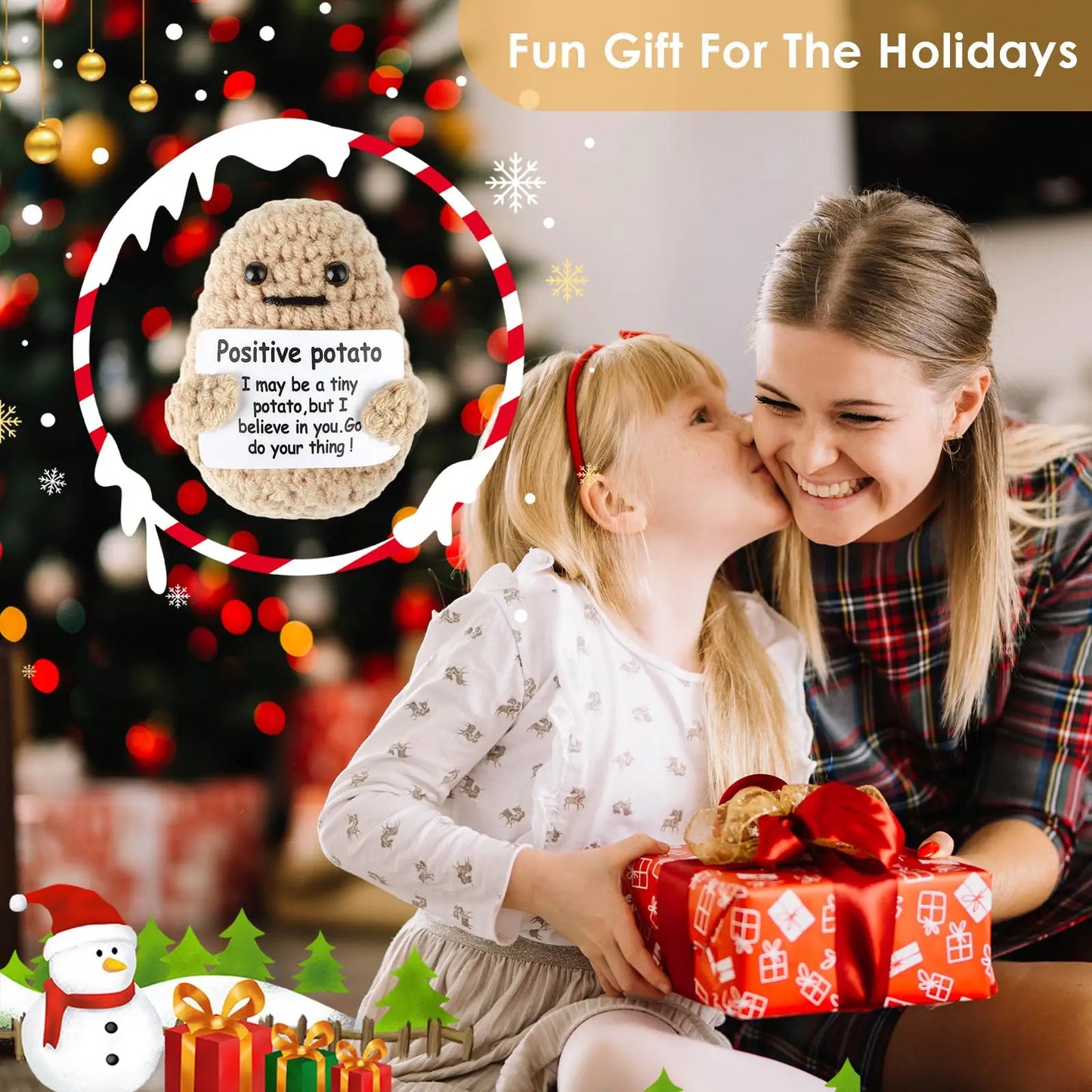 Peluche Pomme de terre Énergie positive – Décoration de chambre tricotée à la main en laine avec carte d'inspiration, cadeau de Noël mignon et amusant et ornement de bureau