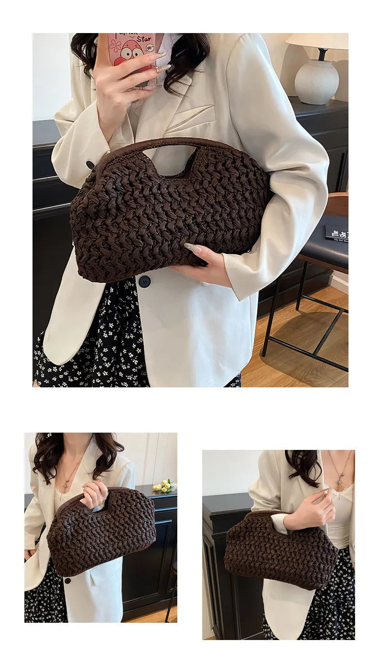 Bolso de playa de lujo de paja tejida para mujer - Bolso de mano de ratán de moda, Bolso de mano de verano para viajes, vacaciones, compras y salidas casuales, Bolso tejido a mano inspirado en el diseñador