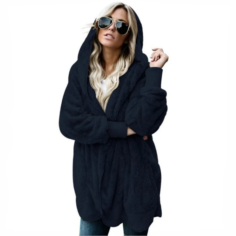 Women’s Double-Fleece Hooded Cardigan Jacket – Solid Color Plush Warm Coat with Long Sleeves, Oversized Autumn & Winter Outerwear