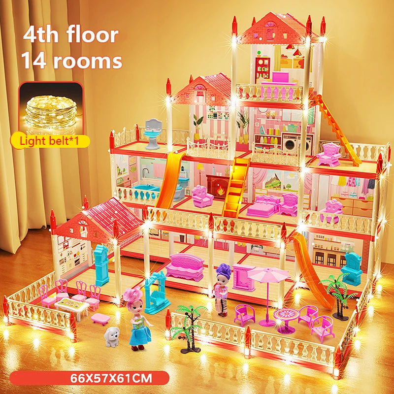 3D DIY Mini Princess Castle Villa Assembly Toy House with LED Lights – Creative Doll House Accessories Set, Girl Birthday Gift