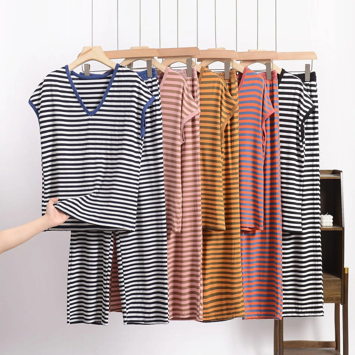 XL-8XL Plus Size Modal Pajama Set – 2PCS Short-Sleeve Striped T-Shirt & Pants, Lightweight Summer Loungewear for Home & Sleep