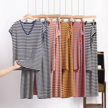 XL-8XL Plus Size Modal Pajama Set – 2PCS Short-Sleeve Striped T-Shirt & Pants, Lightweight Summer Loungewear for Home & Sleep