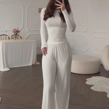 Ensemble deux pièces pour femme, comprenant un haut à col rond et manches longues et un pantalon taille élastique, décontracté pour l'automne