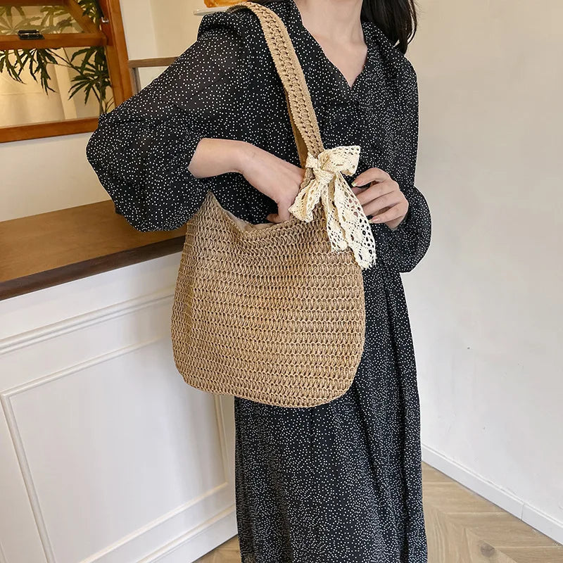 Sac à bandoulière en rotin tressé pour femmes – Grand sac cabas en paille tressée, sac de plage d'été pour femmes, sac de voyage décontracté pour les vacances, le shopping et un usage quotidien