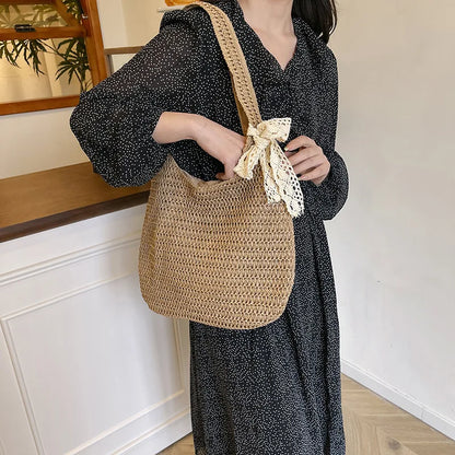 Sac à bandoulière en rotin tressé pour femmes – Grand sac cabas en paille tressée, sac de plage d'été pour femmes, sac de voyage décontracté pour les vacances, le shopping et un usage quotidien