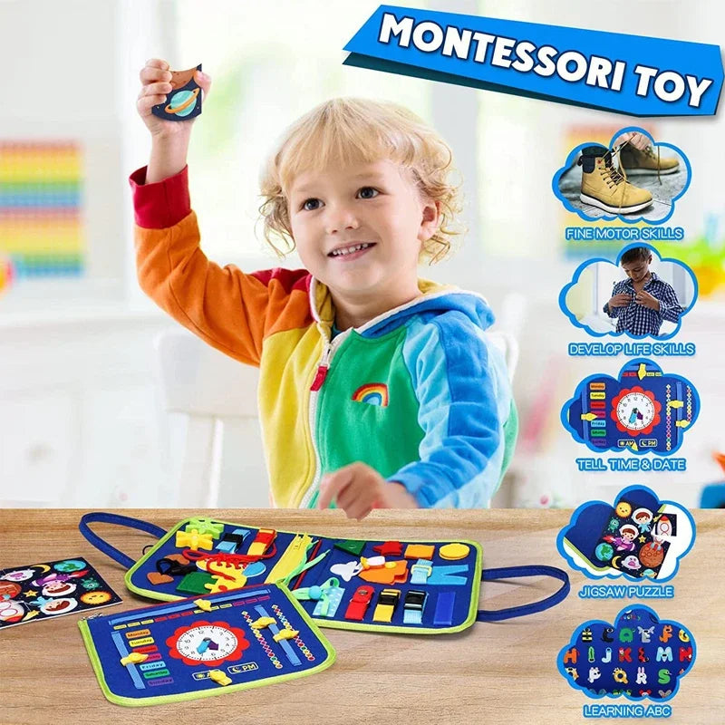 Livre sensoriel Montessori en feutre – Planche d'activités de voyage pour enfants pour l'apprentissage sensoriel et les activités éducatives