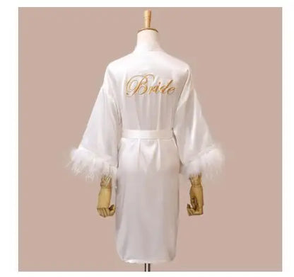 Women’s Feather Satin Robe – Bride Bridesmaid Wedding Kimono Bathrobe V-Neck Nightgown Lingerie