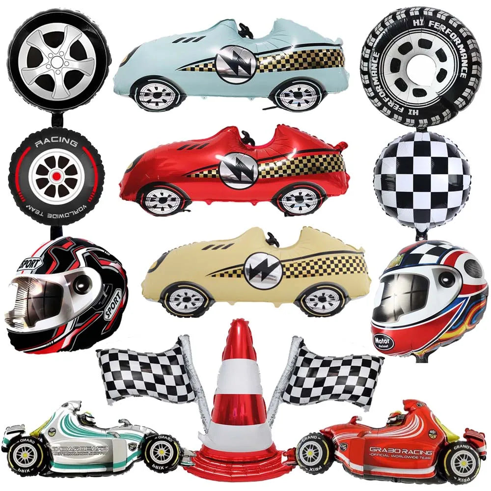 Racing Car Birthday Party Decorations – Race Car, Tire Wheel, Traffic Cone & Checkered Balloons for Kids' Racing-Themed Parties