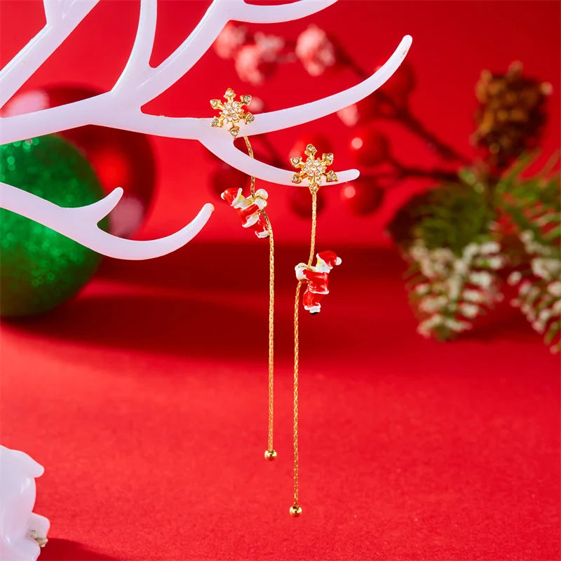 Asymmetric Snowflake & Snowman Christmas Drop Earrings for Women – Moving Santa Long Tassel Dangle Party Jewelry & Holiday Gift
