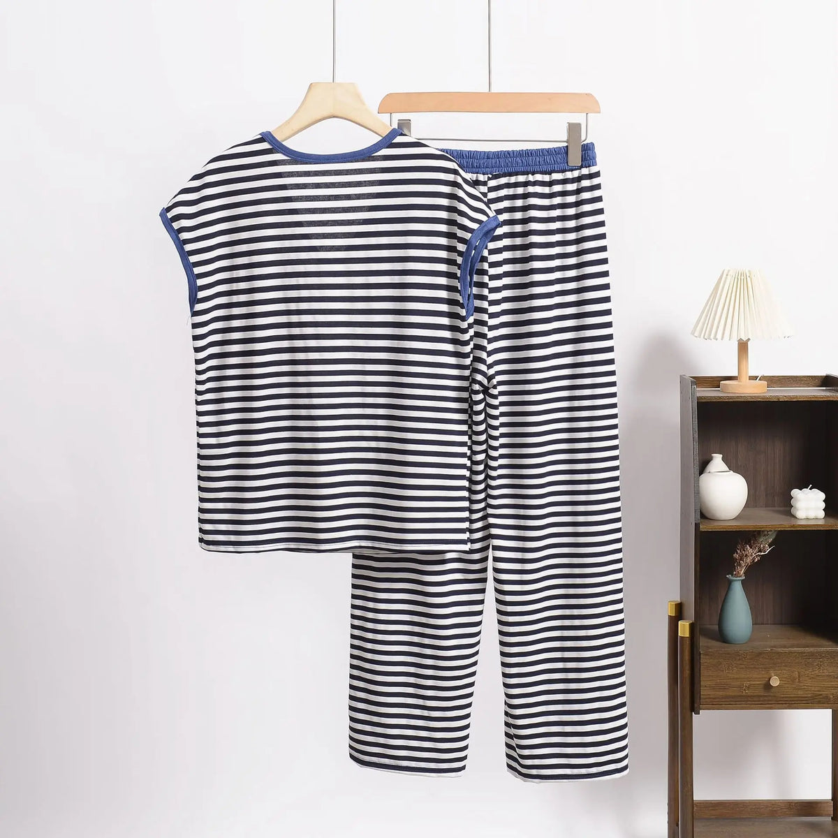 XL-8XL Plus Size Modal Pajama Set – 2PCS Short-Sleeve Striped T-Shirt & Pants, Lightweight Summer Loungewear for Home & Sleep