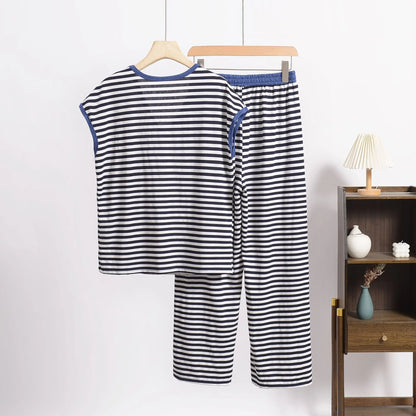 XL-8XL Plus Size Modal Pajama Set – 2PCS Short-Sleeve Striped T-Shirt & Pants, Lightweight Summer Loungewear for Home & Sleep