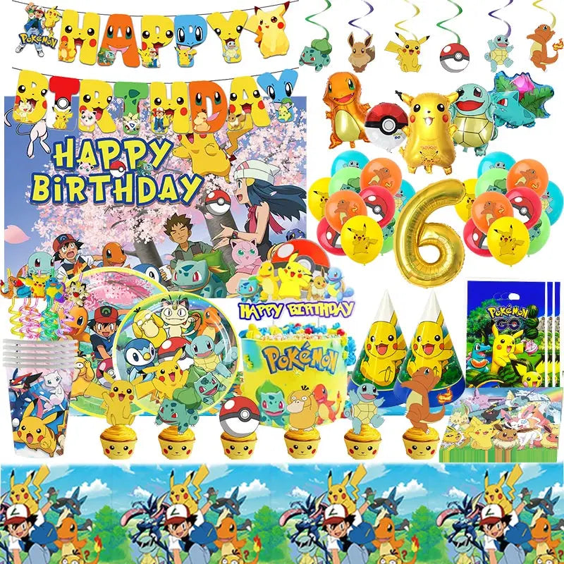 Pokémon Theme Birthday Party Decorations – Cartoon Pokémon Go Tableware Set (Cups, Plates & Pikachu Balloons) for Baby Shower & Party Favors