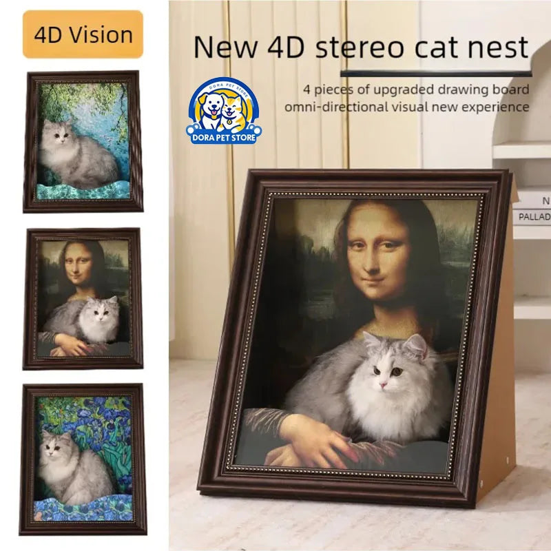 Mona Lisa-Inspired Cat Bed – Replaceable Oil Painting Design Cat Scratch Board & Photo Frame, Creative Wall Decor for Cat Lovers