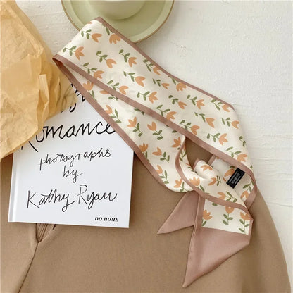 Khaki Nude Silk Scarf Hair Band – Vintage Satin Ribbon Bow Hair Accessory for Women | Elegant Fashion Hair Tie