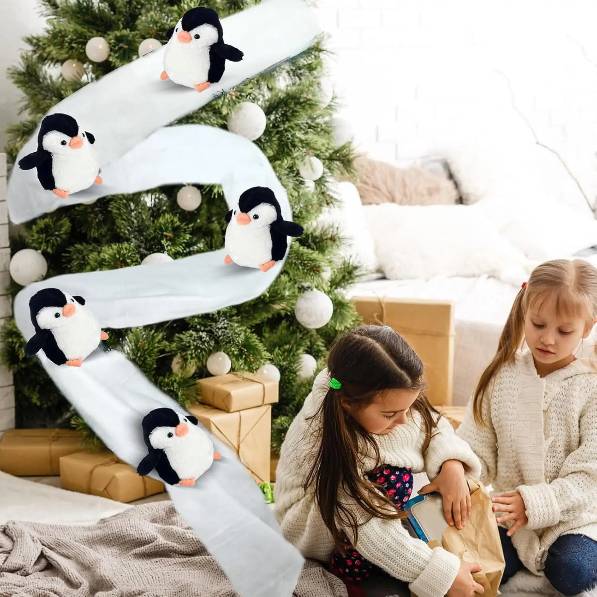 Christmas Staircase Decoration Set – Faux Snow Cotton Carpet with Sliding Penguins, DIY Holiday Decor for Stairs, Banisters & Indoor Christmas Displays