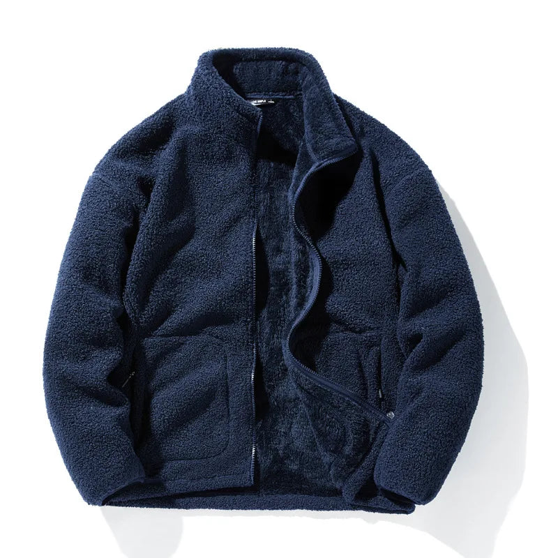 Men’s Winter Fleece Jacket – Solid Color Loose-Fit Warm Coat with Stand Collar, Casual Harajuku Streetwear Outerwear, Plus Size