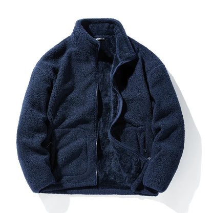 Men’s Winter Fleece Jacket – Solid Color Loose-Fit Warm Coat with Stand Collar, Casual Harajuku Streetwear Outerwear, Plus Size