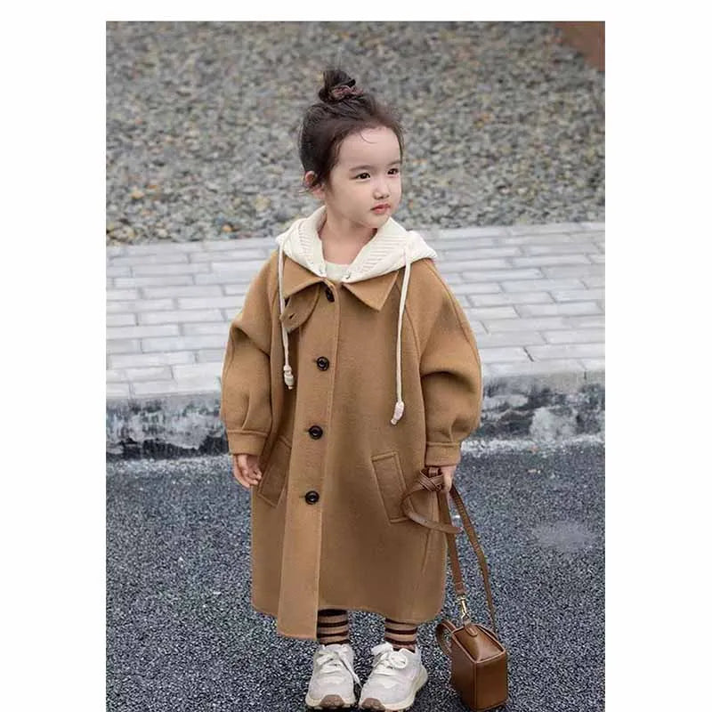 Girls Tweed Jacket, Medium-Length Hooded Coat for Kids, Warm Single-Breasted Autumn and Spring Overcoat, Casual Windbreaker Outerwear