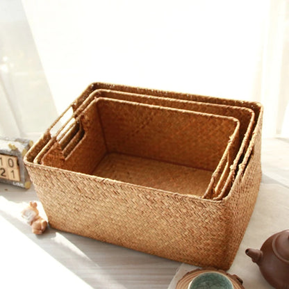 Zerolife Panier en jonc de mer naturel tressé – Grand panier de rangement en osier de paille pour la décoration intérieure, corbeille à fruits et à pain de table, organiseur de serviettes, récipient de rangement de cuisine et panier de ferme rustique