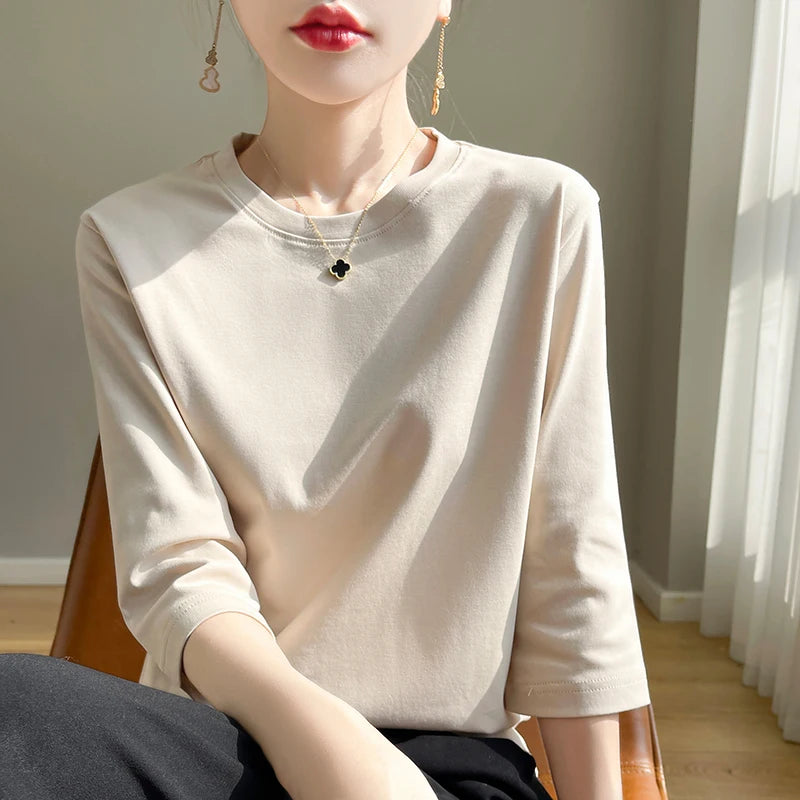 Camiseta de algodón mercerizado para mujer, manga corta, cuello redondo, top básico suave de verano