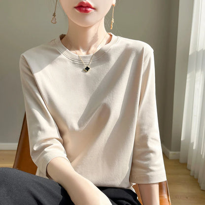 Camiseta de algodón mercerizado para mujer, manga corta, cuello redondo, top básico suave de verano