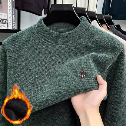 Men’s 100% Merino Wool Winter Sweater – Little Bee Embroidered Ribbed Collar Knitted Pullover, Soft Warm Fashion Knitwear