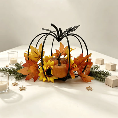Black Iron Pumpkin Decoration – Autumn Harvest Desktop Decor with Artificial Maple Leaves, Sunflower & Pumpkin Accents for Thanksgiving