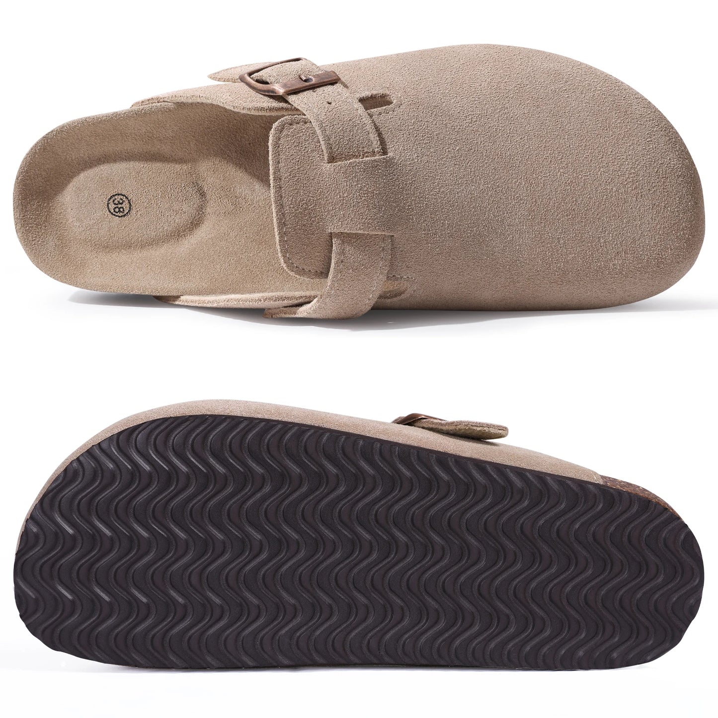 Kidmi Zuecos de ante de vaca para mujer y hombre, mules con plantilla de corcho, correa ajustable y soporte para el arco del pie