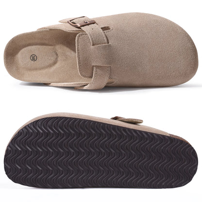 Kidmi Zuecos de ante de vaca para mujer y hombre, mules con plantilla de corcho, correa ajustable y soporte para el arco del pie