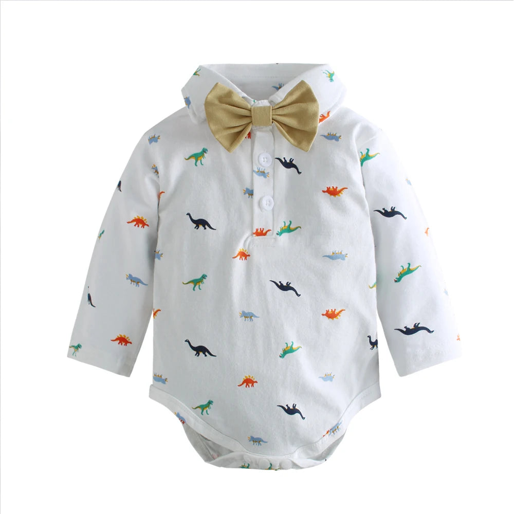Baby Boy Gentleman Long Sleeve Romper with Bow – 3-24 Months Spring Autumn Winter Birthday Bodysuit, Cute Formal Baby Outfit