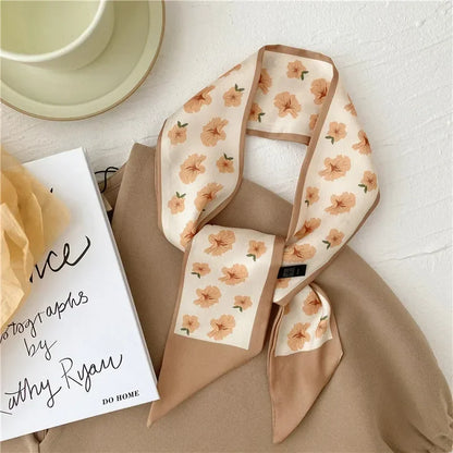Khaki Nude Silk Scarf Hair Band – Vintage Satin Ribbon Bow Hair Accessory for Women | Elegant Fashion Hair Tie
