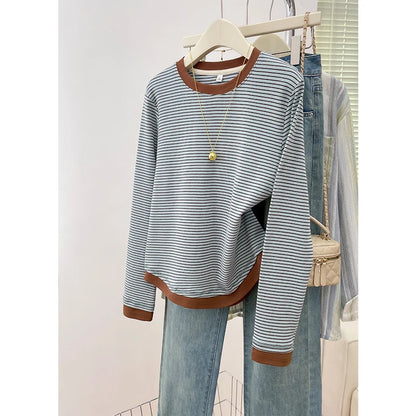 T-shirt rayé rétro à blocs de couleurs pour femmes, à manches longues, col rond, ourlet asymétrique en coton, chemise décontractée de base