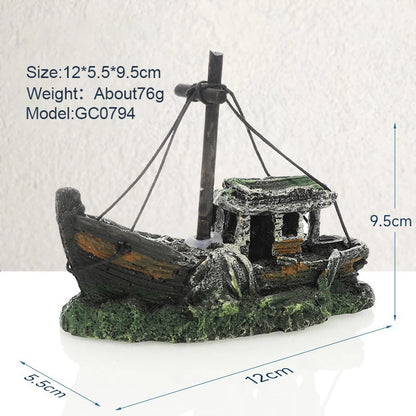 Retro Resin Ship Aquarium Ornament – Hollow Boat Fish Hiding Cave, Non-Toxic Fish Tank Decoration for Aquascaping & Underwater Landscaping