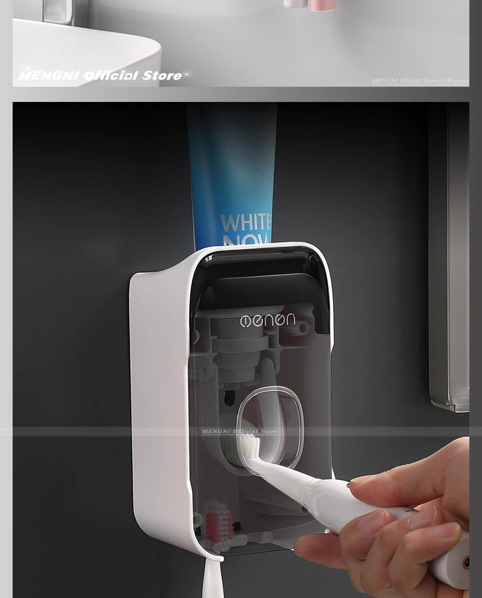 Dispensador de pasta de dientes MENGNI – Exprimidor de pasta dental montado en la pared para baño, soporte para cepillo de dientes sin taladros, organizador manual de bomba de pasta de dientes para almacenamiento y uso diario en el baño