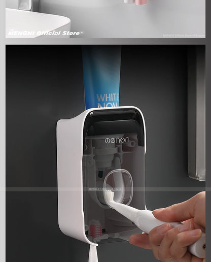 Dispensador de pasta de dientes MENGNI – Exprimidor de pasta dental montado en la pared para baño, soporte para cepillo de dientes sin taladros, organizador manual de bomba de pasta de dientes para almacenamiento y uso diario en el baño