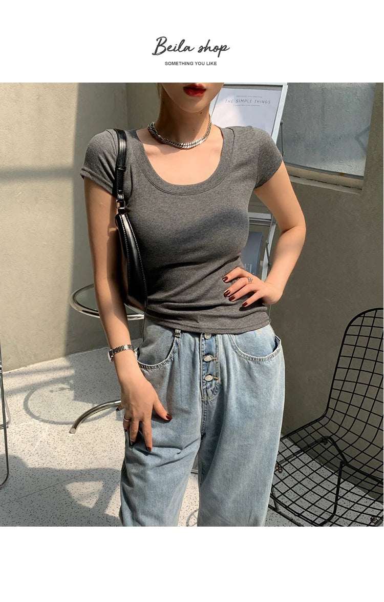 2026 Summer Women’s 100% Cotton Slim T-Shirt Casual Basic O-Neck Solid Korean Style Tee 16 Colors