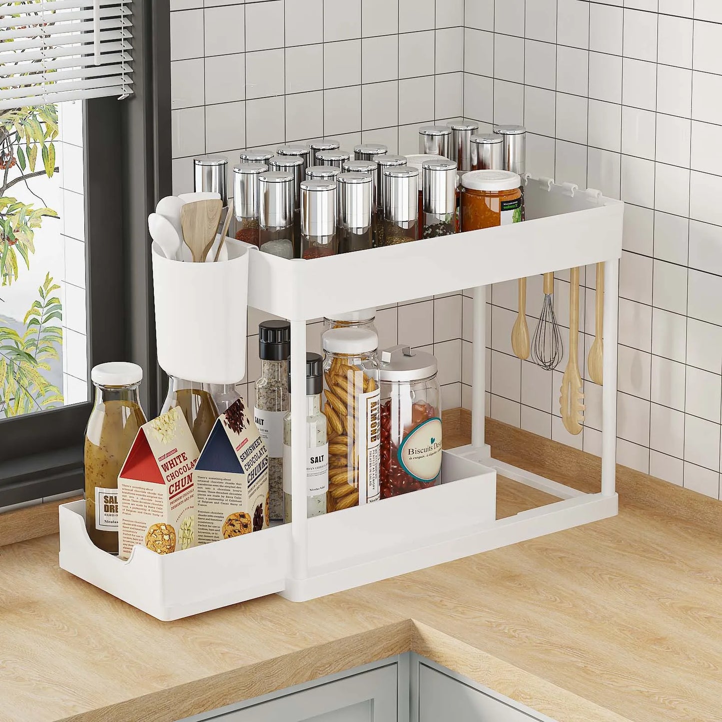 2-Tier Pull Out Under Sink Organizer – Slide-Out Cabinet Storage Rack with Hooks & Cups for Kitchen & Bathroom