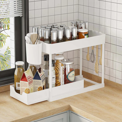 2-Tier Pull Out Under Sink Organizer – Slide-Out Cabinet Storage Rack with Hooks & Cups for Kitchen & Bathroom