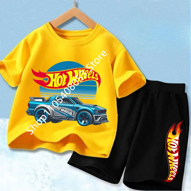 Conjunto de camiseta y pantalón corto de coche de carreras para niños, mezcla de algodón, atuendo de verano para niños y niñas