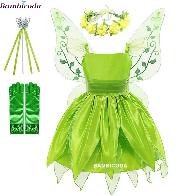 Girls Tinker Bell Costume – Green Fairy Princess Fancy Dress for Halloween, Birthday Parties & Cosplay, Ages 2–10Y