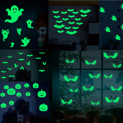 Halloween Luminous Wall Stickers – Glow-in-the-Dark Eyes, Bats, Ghosts & Pumpkins for Windows, Walls, Home & Spooky Party Decor
