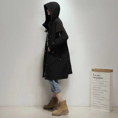 Women’s Long Embroidered Windbreaker – Chic Loose-Fit Coat with Waist-Defining Design, Hong Kong-Inspired Spring & Autumn Outerwear