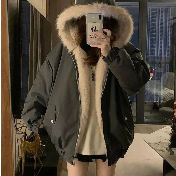 Women’s Double-Sided Faux Mink Fur Coat – Thick Plush Cotton-Padded Hooded Jacket, Loose-Fit Warm Outerwear for Autumn & Winter