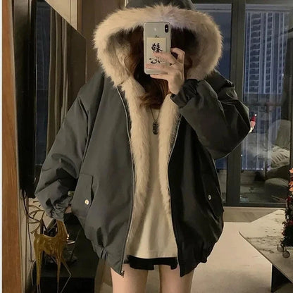 Women’s Double-Sided Faux Mink Fur Coat – Thick Plush Cotton-Padded Hooded Jacket, Loose-Fit Warm Outerwear for Autumn & Winter